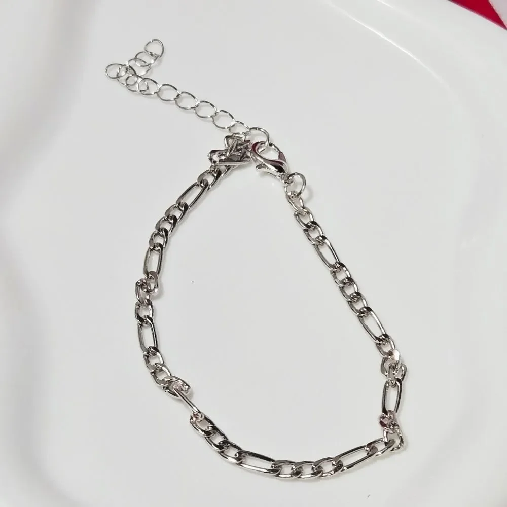 Silver Figaro Chain Bracelet Stainless Steel Adjustable Unisex Classic Italian
